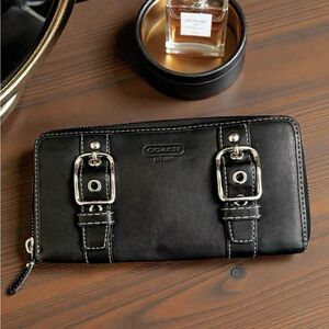 Coach Black Leather Zip Wallet with Silver Buckles